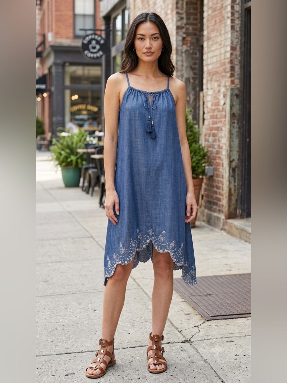 Tommy Bahama Chambray All Day Embroidered Dress L NWT Tencel Blue Handkerchief